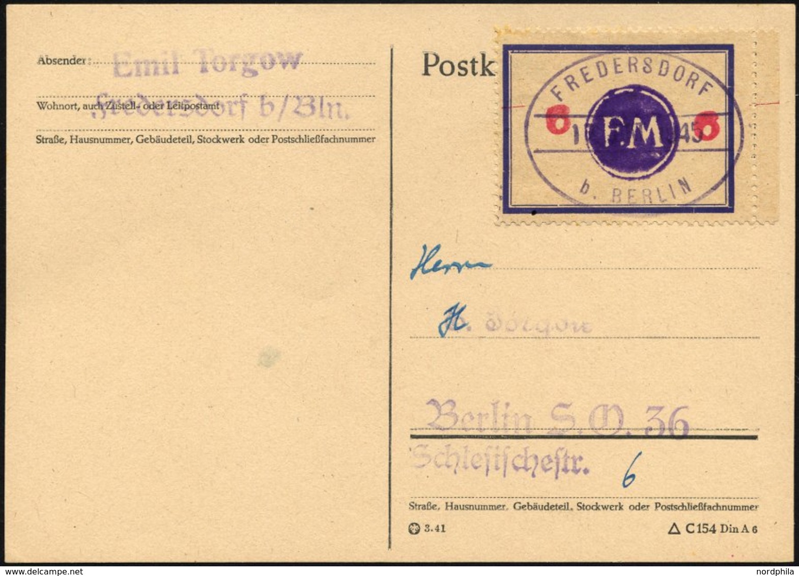 FREDERSDORF Sp 171FI BRIEF, 1945, 6 Pf., Rahmengröße 43x31.5 Mm, Große Wertziffern, Mit Abart Wertziffern Seitlich, Auf  - Private & Lokale Post