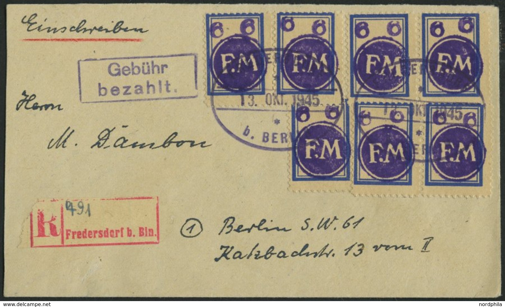 FREDERSDORF Sp 206 BRIEF, 1945, 6 Pf., Rahmengröße 18x25 Mm, 7x (dabei 2 Paare) Auf Einschreibbrief Mit Gebühr-bezahlt-S - Private & Lokale Post