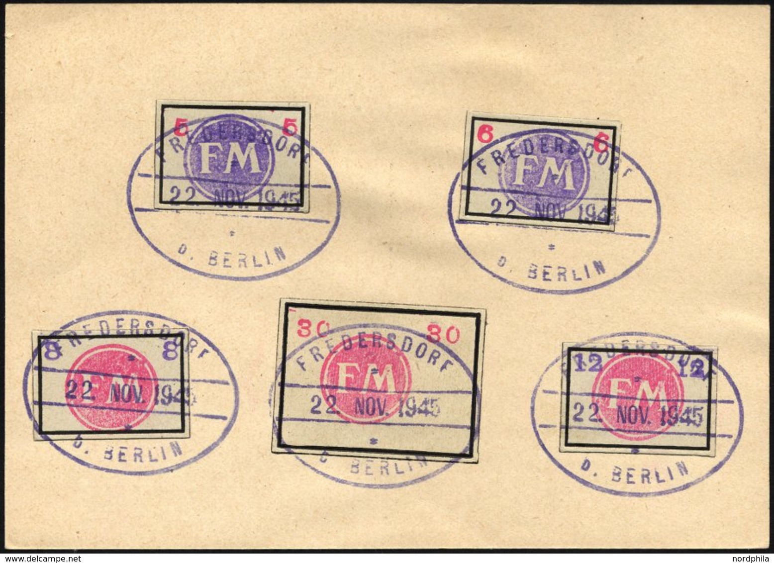 FREDERSDORF Sp231-34,50 BrfStk, 1945, 5 - 12 Pf., Rahmengröße 28x19 Mm Und 30 Pf., Rahmengröße 38x28 Mm, Kleine Wertziff - Correos Privados & Locales