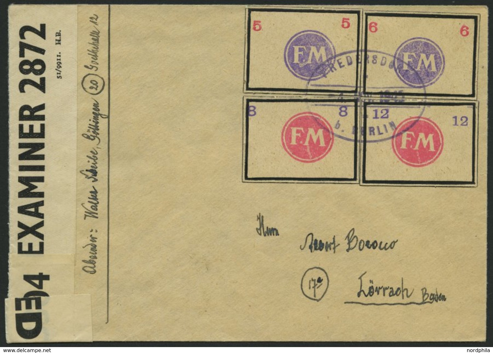 FREDERSDORF Sp 246-49 BRIEF, 1945, 5 - 12 Pf., Rahmengröße 38x28 Mm, Kleine Wertziffern, Auf Brief Mit Stempel Vom 4. No - Private & Local Mails