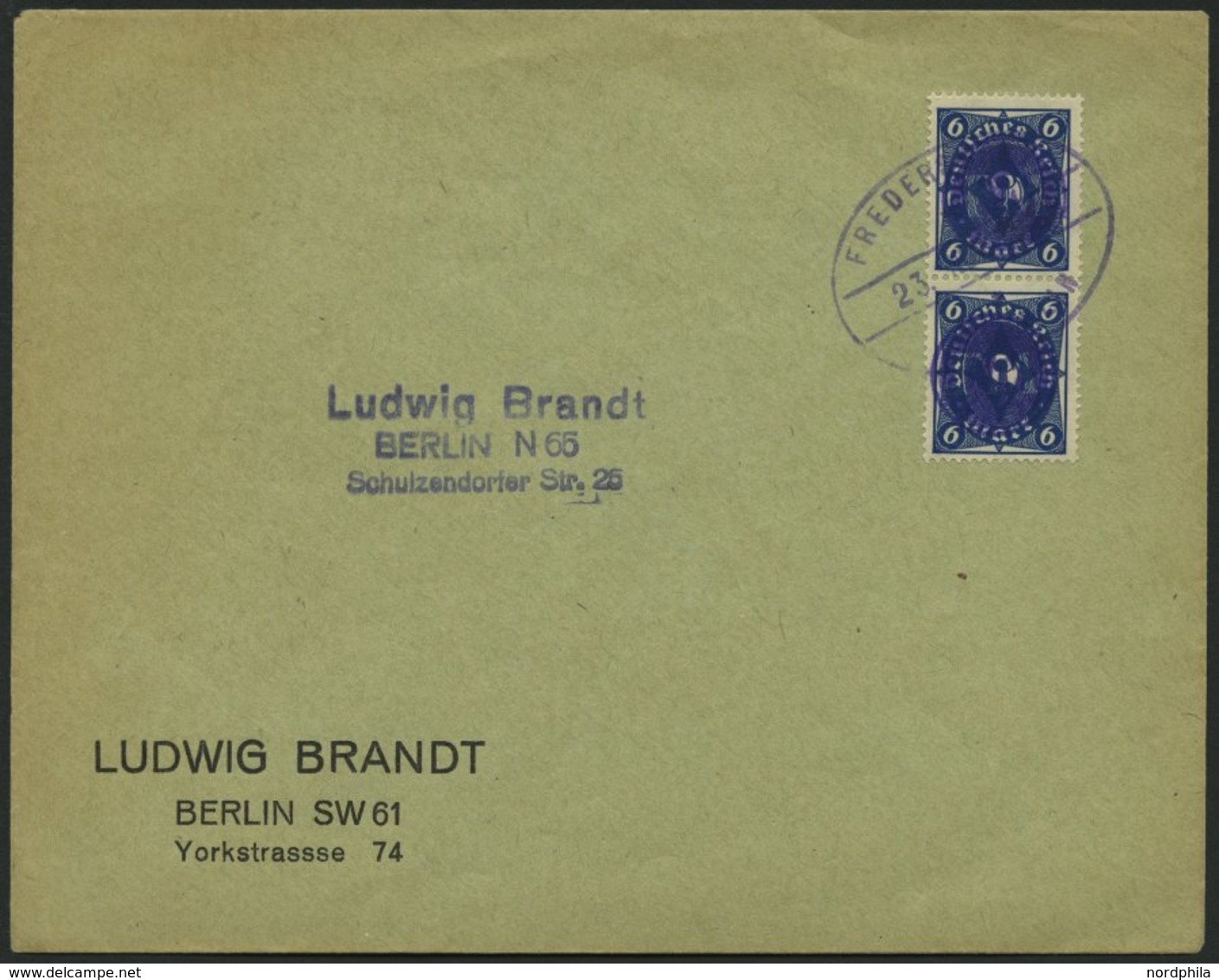 FREDERSDORF 67 Paar BRIEF, 1945, 6 Pf. Inflation Im Senkrechten Paar Auf Drucksache, Pracht - Postes Privées & Locales