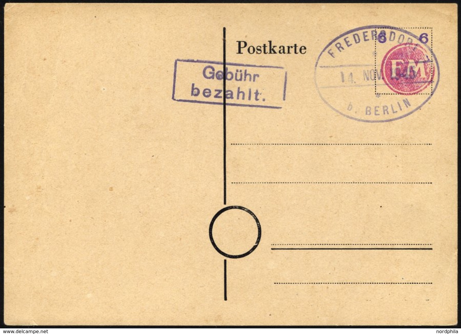 FREDERSDORF PA 02b BRIEF, 1945, Ganzsachenkarte 6 Pf. (FM Rosa Und Wertziffer Violett), Blanko Gestempelt, Pracht, R!, F - Posta Privata & Locale