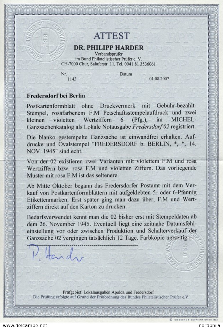 FREDERSDORF PA 02b BRIEF, 1945, Ganzsachenkarte 6 Pf. (FM Rosa Und Wertziffer Violett), Blanko Gestempelt, Pracht, R!, F - Private & Local Mails