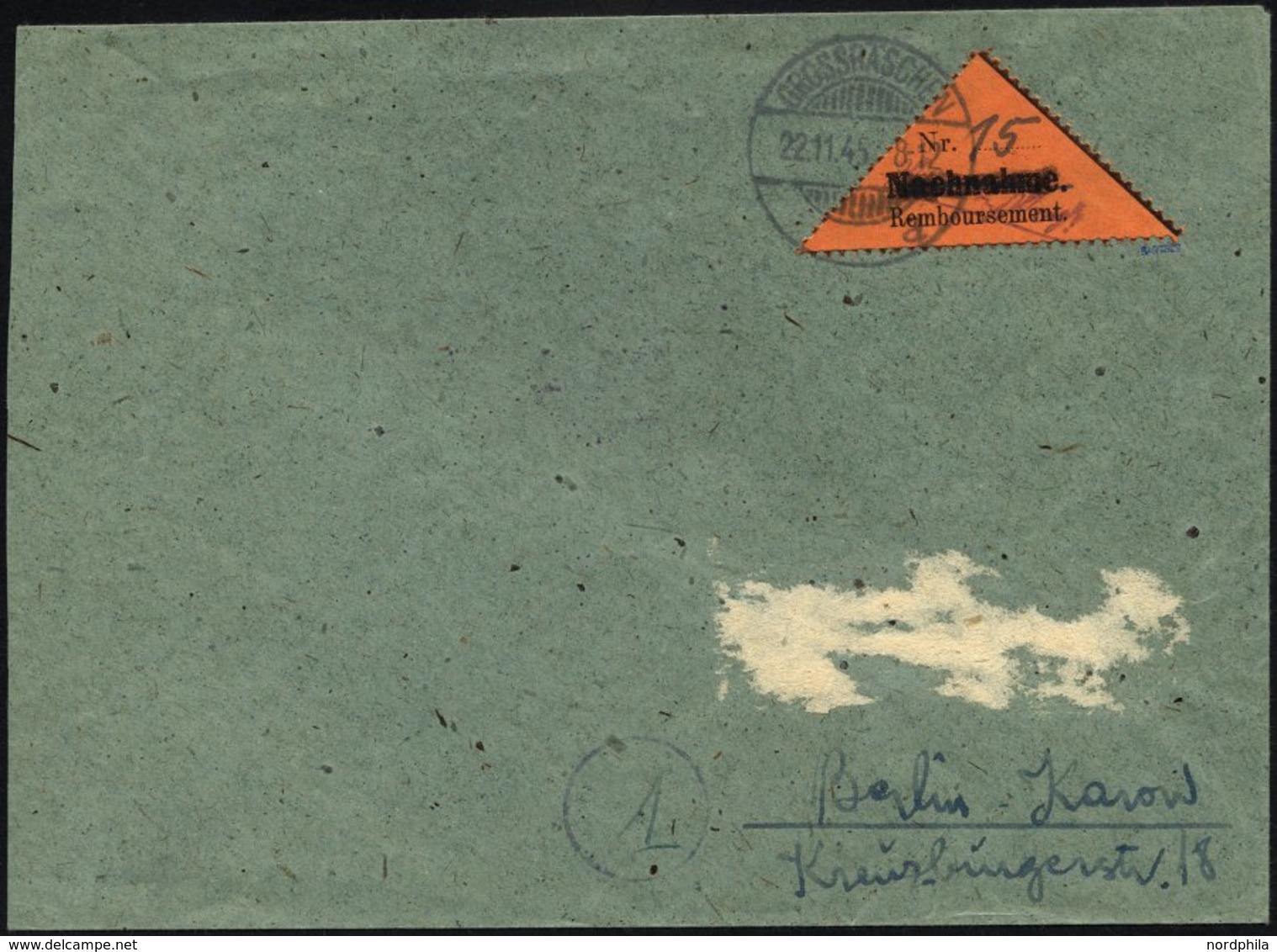 GROSSRÄSCHEN-VORLÄUFER V 2AI BRIEF, 1945, 15 Pf. Schwarz Auf Bräunlichrot, Nachnahme In Antiqua, Auf Brief, Anschrift Te - Private & Local Mails
