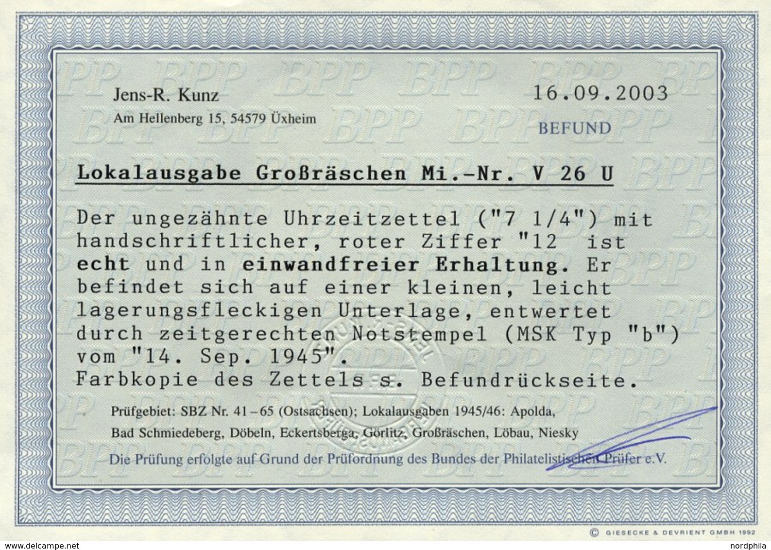 GROSSRÄSCHEN-VORLÄUFER V 26U BrfStk, 1945, 12 Pf. Rot, Ungezähnt, Prachtbriefstück, Fotobefund Kunz, Mi. (600.-) - Postes Privées & Locales