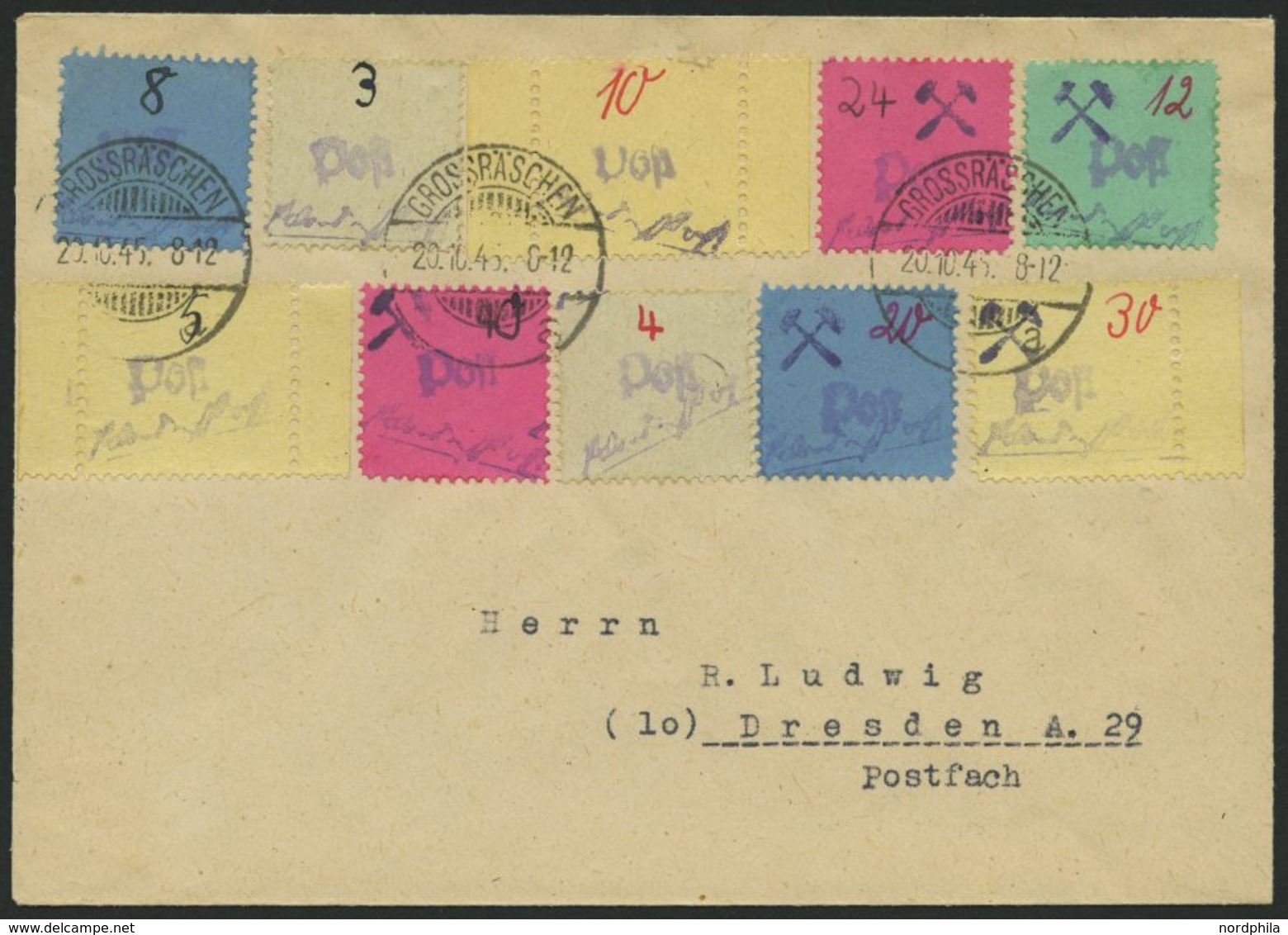 GROSSRÄSCHEN 3S,6S,10S BRIEF, 1946, 5, 10 Und 30 Pf. Gebührenmarken Aus Streifen Mit Zusatzfrankatur Auf Umschlag, Prach - Correos Privados & Locales