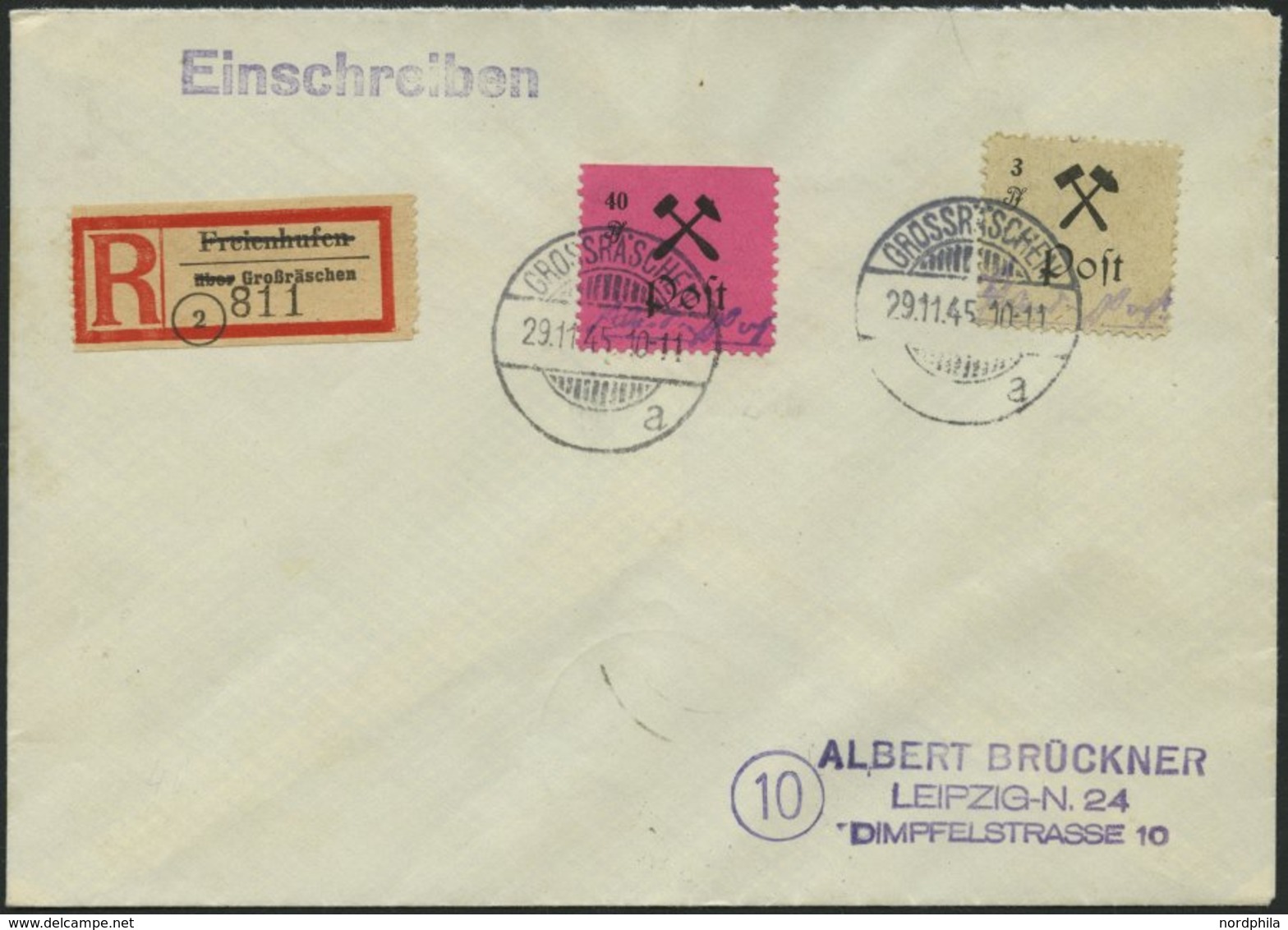 GROSSRÄSCHEN 27bIII BRIEF, 1945, 40 Pf. Schwarz Auf Rosalila, Type III, Mit Mi.Nr. 13AI Auf Einschreibbrief, Pracht, Mi. - Postes Privées & Locales