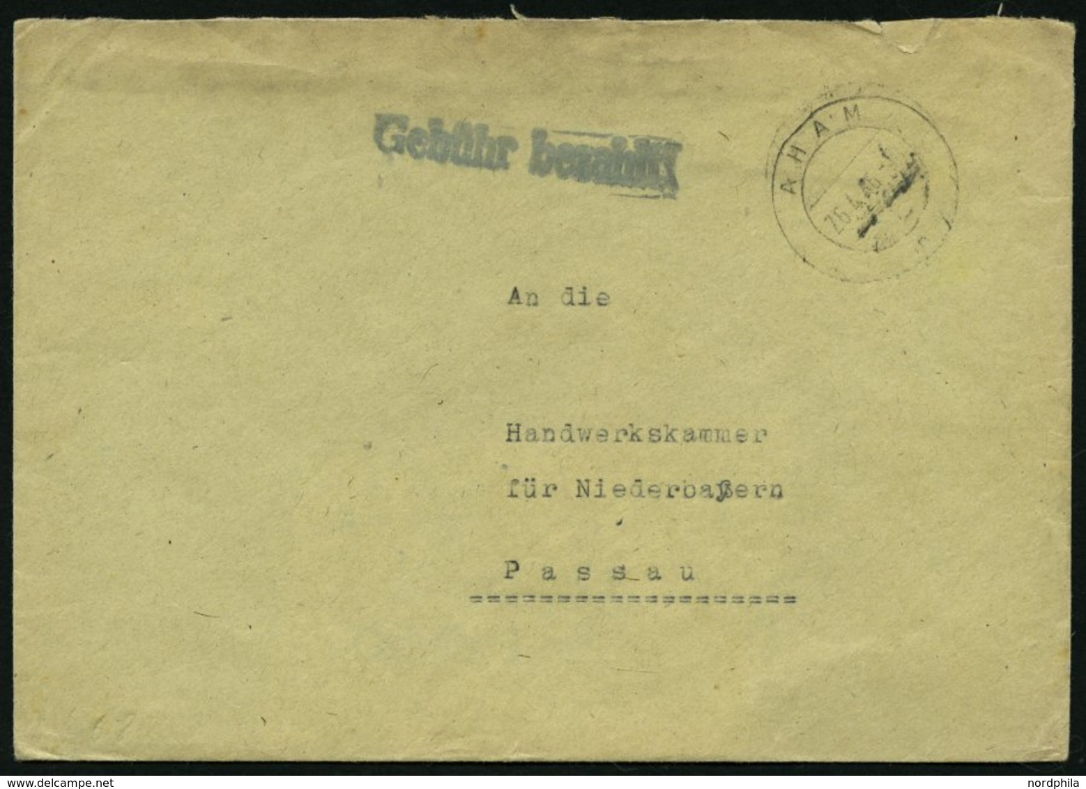 ALL. BES. GEBÜHR BEZAHLT AHAM, 26.4.46, L1 Gebühr Bezahlt, Brief Feinst - Andere & Zonder Classificatie