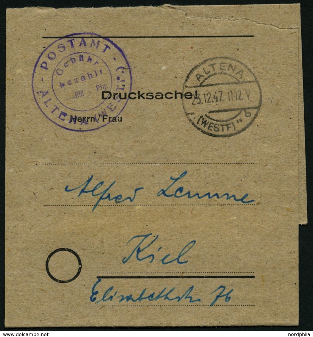 ALL. BES. GEBÜHR BEZAHLT ALTENA (WESTF), 23.12.47, Violetter K2 POSTAMT ALTENA Gebühr Bezahlt...RM...Pf. Auf Drucksache- - Andere & Zonder Classificatie