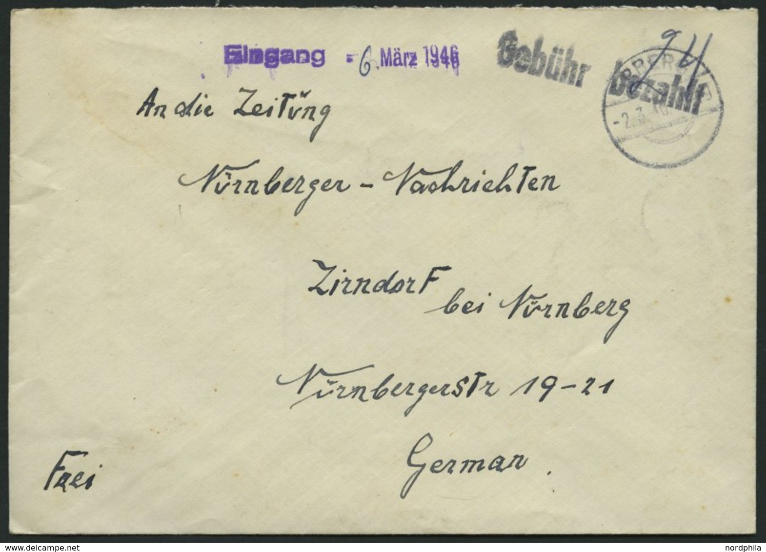 ALL. BES. GEBÜHR BEZAHLT ARBERG, 2.3.46, R1 Gebühr Bezahlt, Handschriflich 24, Mit Violettem Eingangsstempel, Brief Fein - Otros & Sin Clasificación