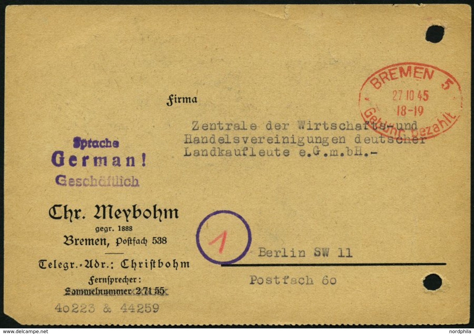 ALL. BES. GEBÜHR BEZAHLT BREMEN, 27.10.45, Roter Ellipsenstempel Gebühr Bezahlt, Ohne Steg, Auf Firmenkarte, Gelocht - Autres & Non Classés