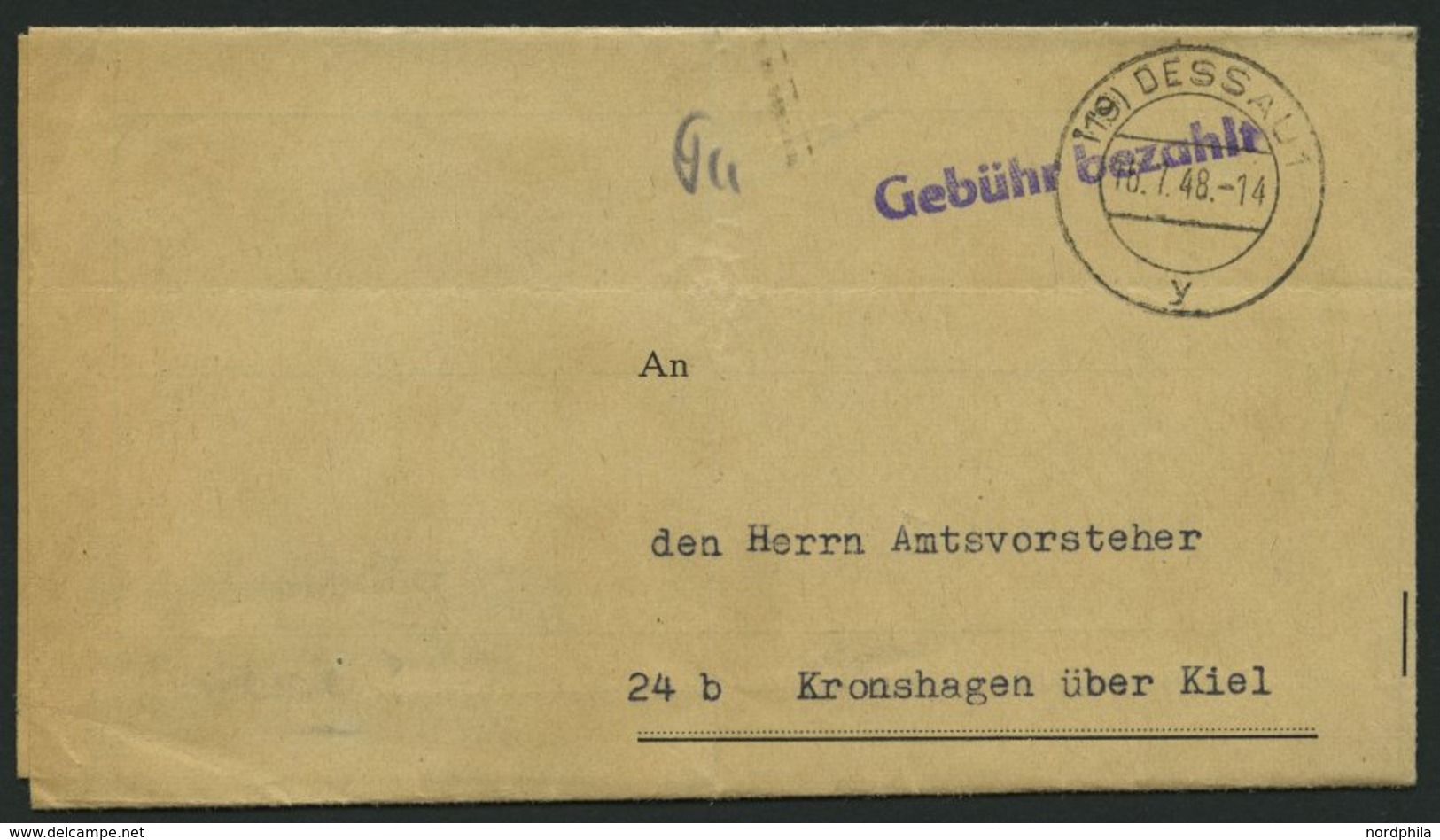 ALL. BES. GEBÜHR BEZAHLT (19) DESSAU 1, 16.7.48, Violetter L1 Gebühr Bezahlt, Amtsbrief Feinst - Altri & Non Classificati