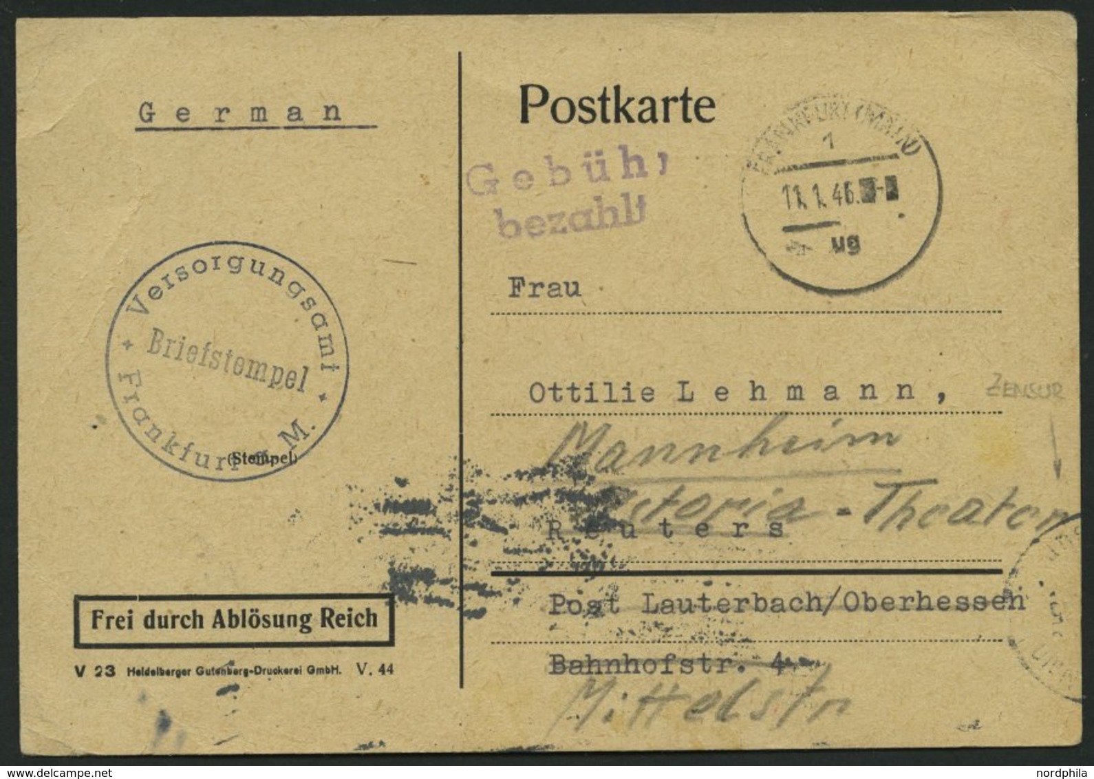 ALL. BES. GEBÜHR BEZAHLT FRANKFURT (MAIN), 11.1.46, Violetter L2 Gebühr Bezahlt, Postkarte Mit Zensurstempel Nach Mannhe - Other & Unclassified