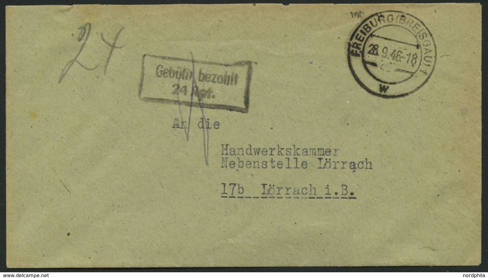 ALL. BES. GEBÜHR BEZAHLT FREIBURG (BREISGAU), 28.9.46, R2 Gebühr Bezahlt/ 24 Rpf,kleiner Prachtbrief - Altri & Non Classificati