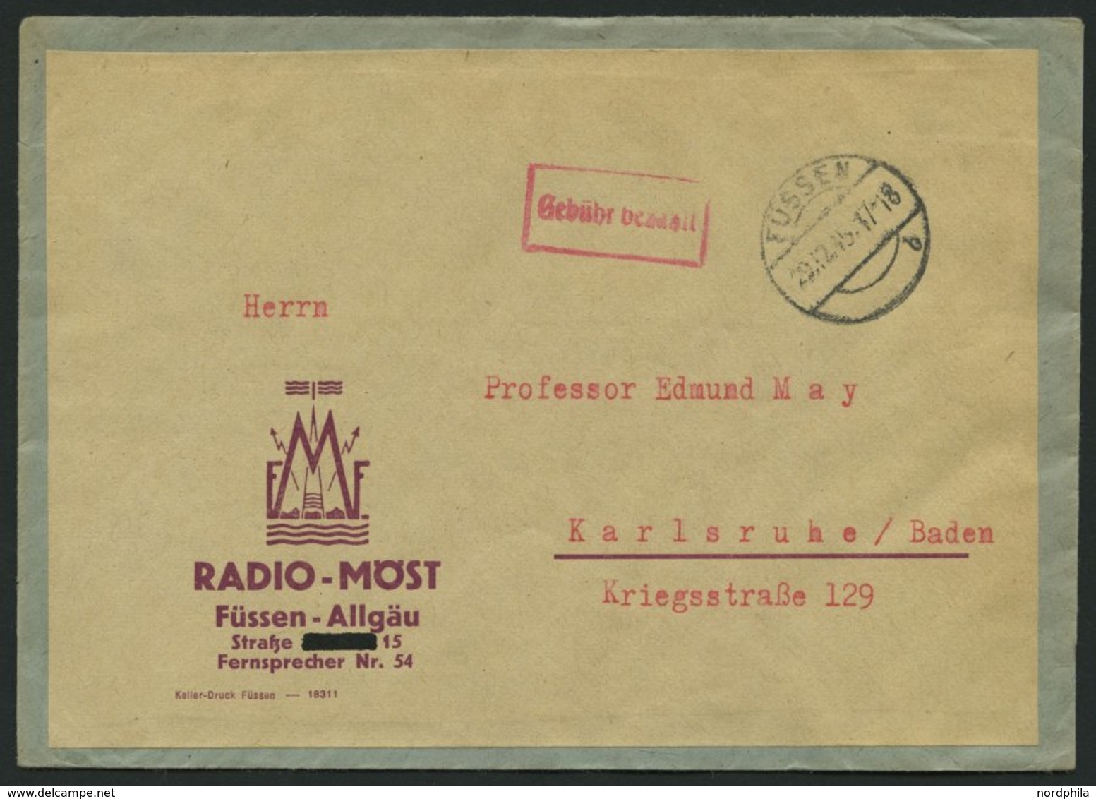 ALL. BES. GEBÜHR BEZAHLT FÜSSEN, 29.12.45, Roter R1 Gebühr Bezahlt, Geschäftsbrief, Doppelt Verwendet, Pracht - Otros & Sin Clasificación