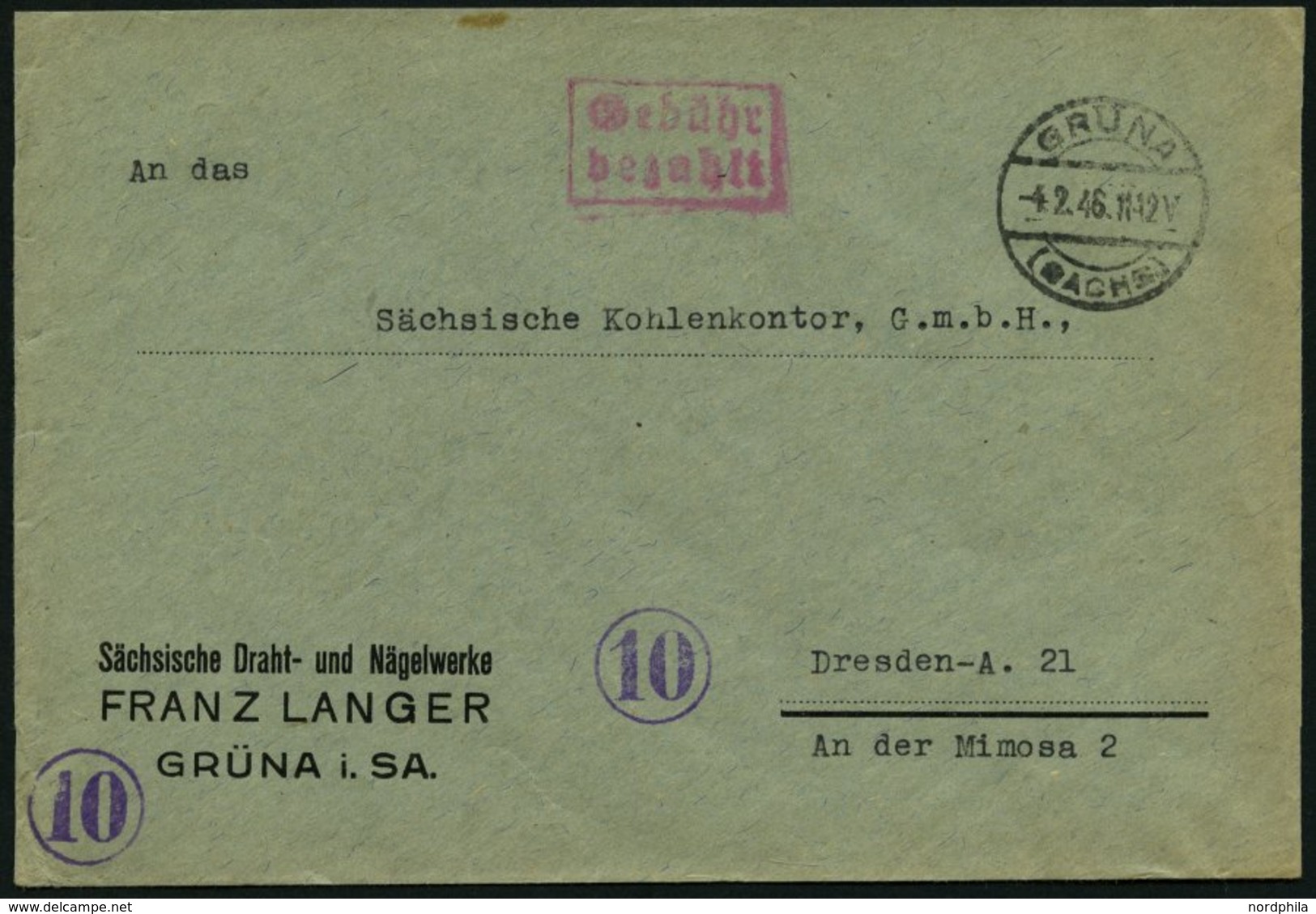 ALL. BES. GEBÜHR BEZAHLT GRÜNA (SACHSEN), 4.2.46, Roter R2 Gebühr Bezahlt, Prachtbrief - Autres & Non Classés