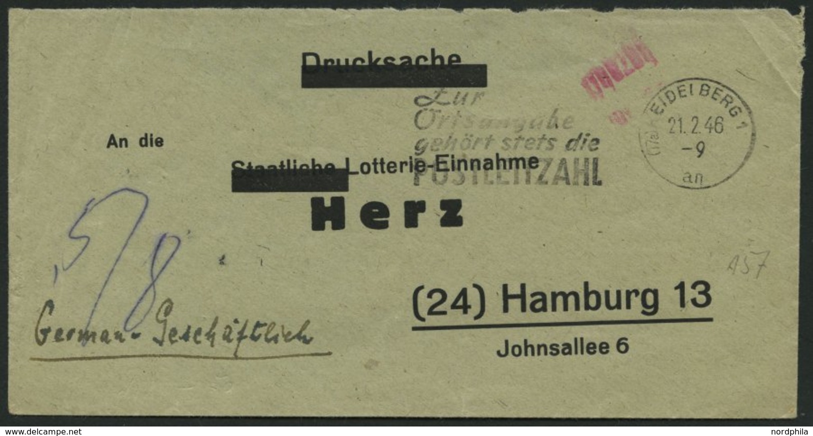 ALL. BES. GEBÜHR BEZAHLT HEIDELBERG, 21.2.46, Roter L2 Gebühr Bezahlt, Lottobrief, Feinst - Autres & Non Classés