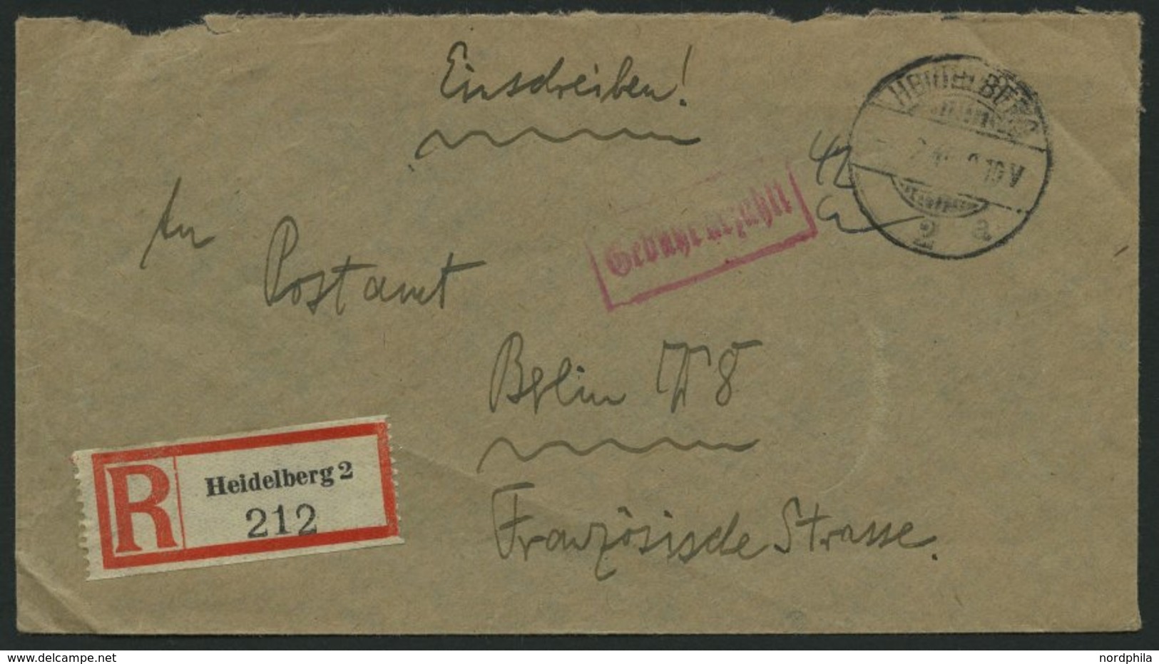 ALL. BES. GEBÜHR BEZAHLT HEIDELBERG 2, 12.2.46, Roter R1 Gebühr Bezahlt, Einschreibbrief, Porto Handschriftlich 42, Fein - Other & Unclassified