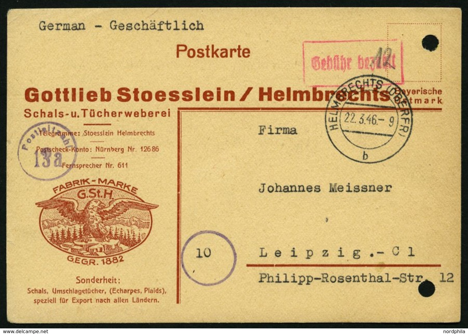 ALL. BES. GEBÜHR BEZAHLT HELMBRECHTS (OBERFR), 22.3.46, Roter R1 Gebühr Bezahlt, Gebühr Handschriftlich Auf 12 Erhöht, W - Other & Unclassified