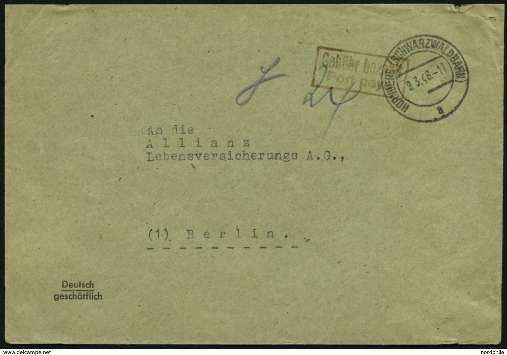 ALL. BES. GEBÜHR BEZAHLT HORNBERG (SCHWARZWALDBAHN), 9.3.46, Roter R2 Gebühr Bezahlt Port Paye, Handschriftlich 24 Und S - Altri & Non Classificati