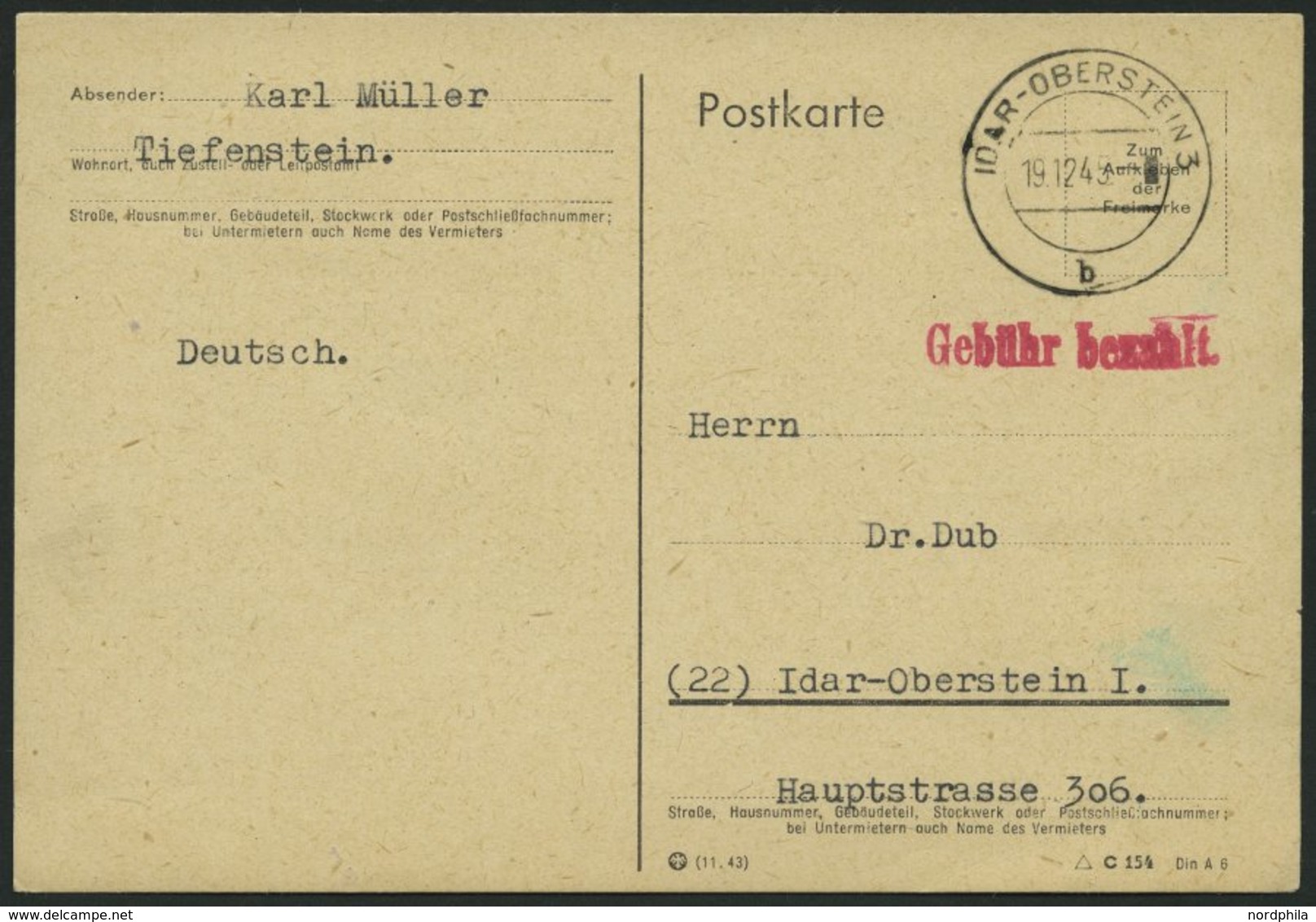 ALL. BES. GEBÜHR BEZAHLT IDAR-OBERSTEIN, 19.12.45, Roter L1 Gebühr Bezahlt,Prachtkarte - Otros & Sin Clasificación