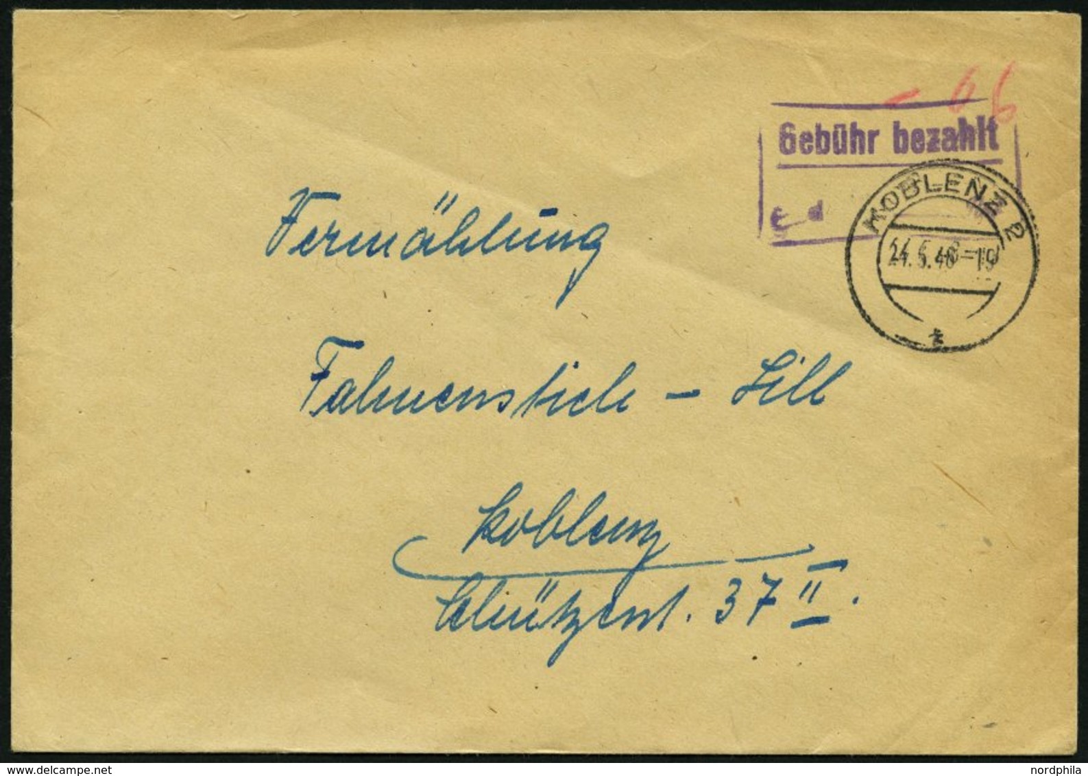 ALL. BES. GEBÜHR BEZAHLT KOBLENZ, 24.5.46, Handschriftlich -06, Violetter Postmeisterstempel Gebühr Bezahlt, Prachtbrief - Other & Unclassified