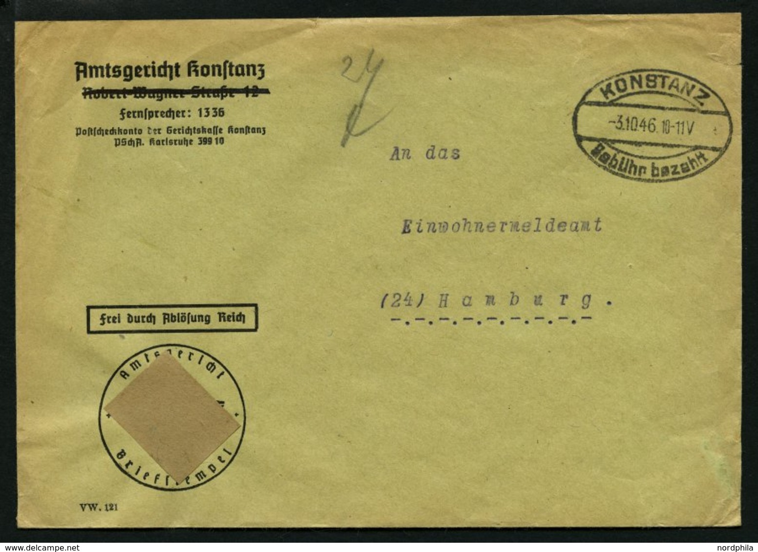 ALL. BES. GEBÜHR BEZAHLT KONSTANZ Gebühr Bezahlt, 3.10.46, Ellipsenstempel, Handschriftlich 24, Behördenbrief, Feinst - Andere & Zonder Classificatie