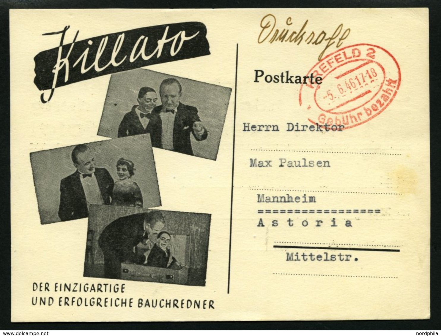 ALL. BES. GEBÜHR BEZAHLT KREFELD 2 Gebühr Bezahlt, 5.6.46, Roter Ellipsenstempel Mit 2 Gebrochenen Steglinien Auf Drucks - Andere & Zonder Classificatie