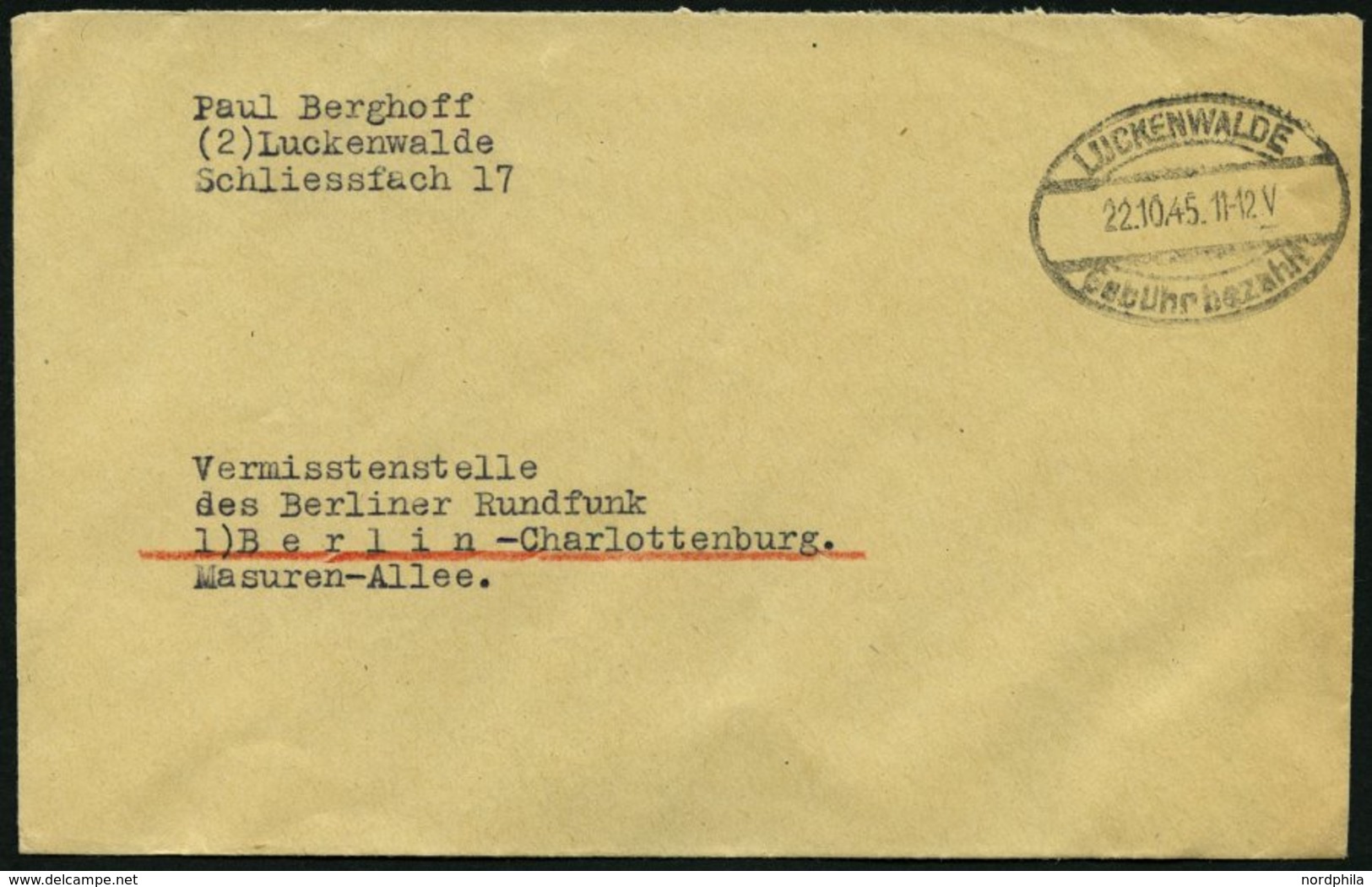 ALL. BES. GEBÜHR BEZAHLT LUCKENWALDE, 22.10.45, Ellipsenstempel Gebühr Bezahlt, Prachtbrief - Otros & Sin Clasificación