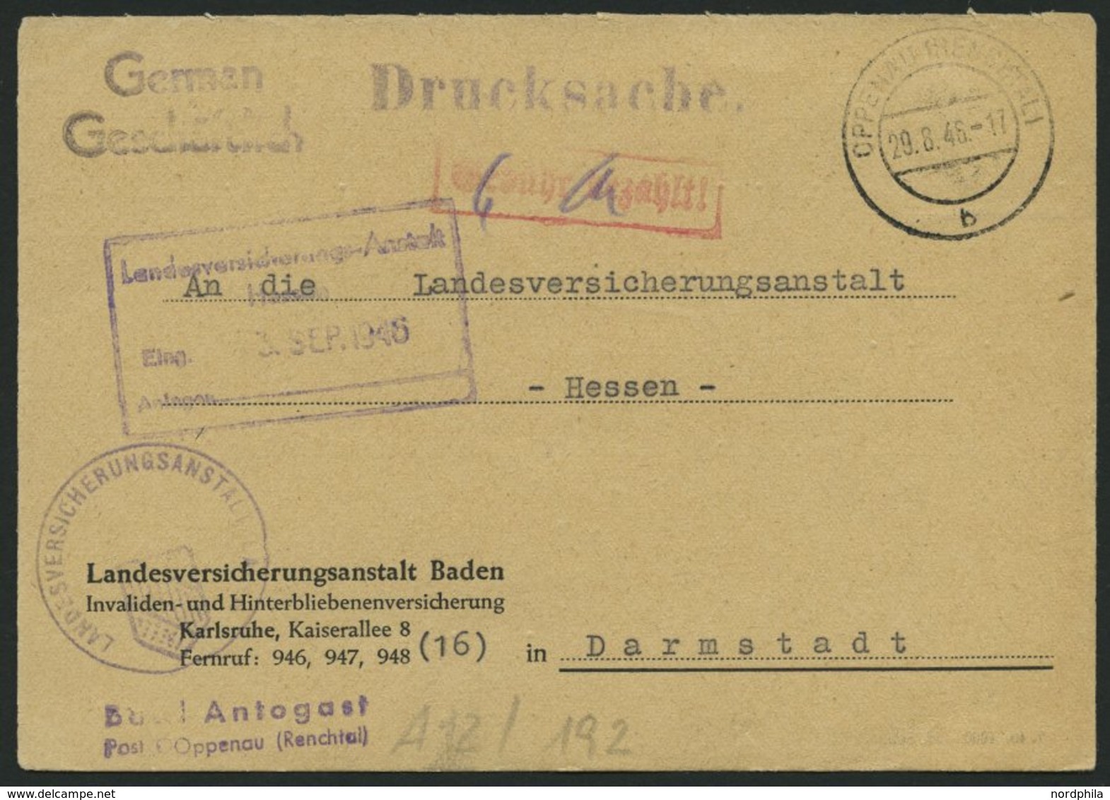 ALL. BES. GEBÜHR BEZAHLT OPPENAU (RENCHTAL), 29.8.46, Roter R1 Gebühr Bezahlt, Drucksachenkarte, Pracht - Autres & Non Classés