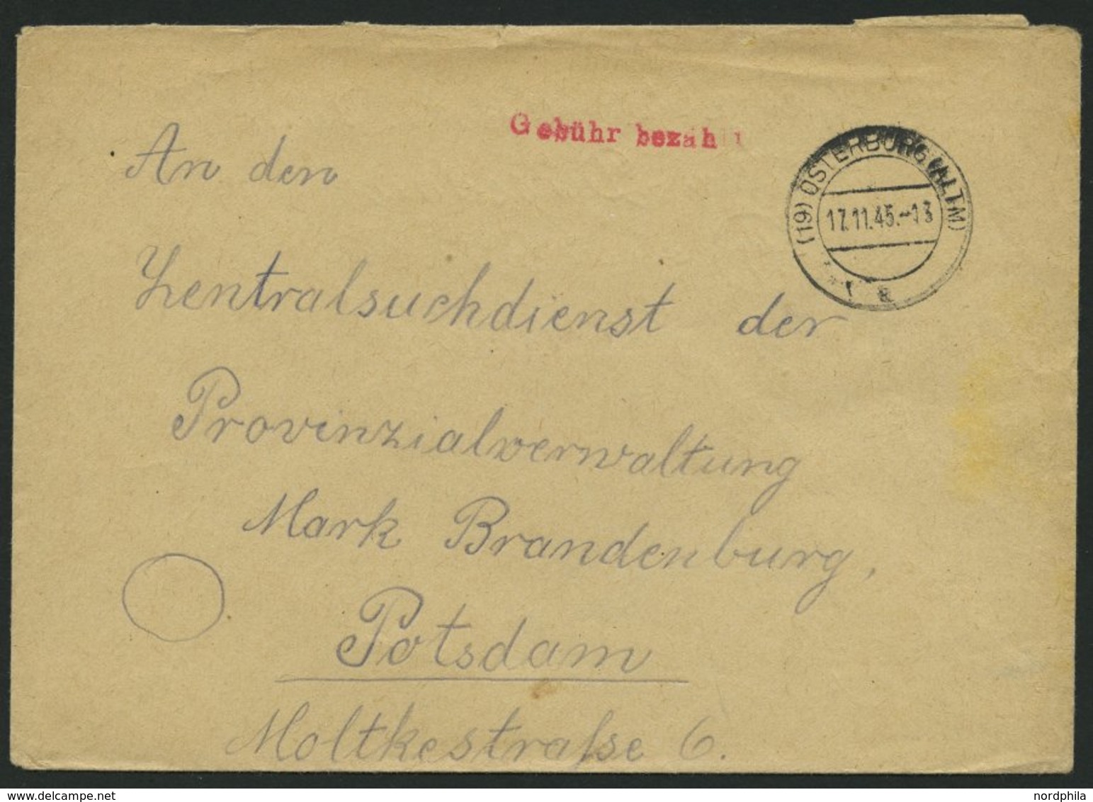 ALL. BES. GEBÜHR BEZAHLT OSTERBURG (ALTM), 12.11.45, Roter L1 Gebühr Bezahlt, Prachtbrief - Autres & Non Classés