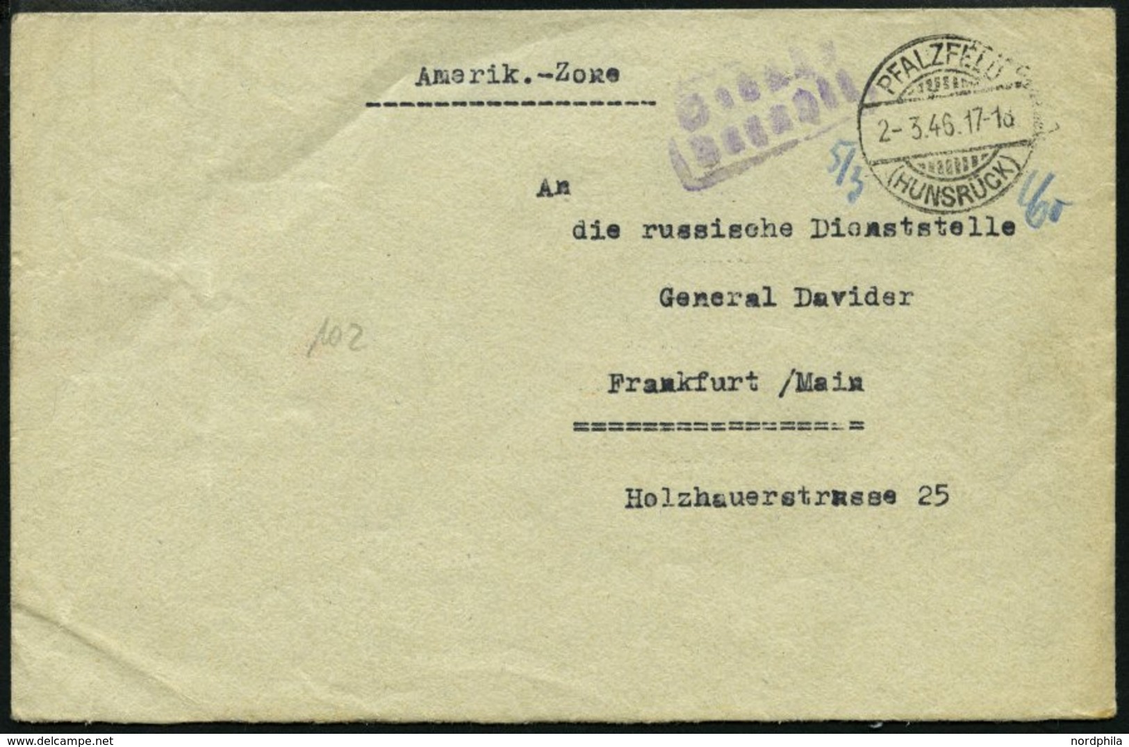 ALL. BES. GEBÜHR BEZAHLT PFALZFELD (HUNSRÜCK), 2.3.46, Violetter R2 Gebühr Bezahlt Auf Prachtbrief - Otros & Sin Clasificación