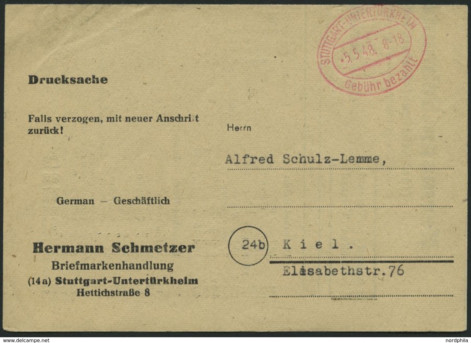 ALL. BES. GEBÜHR BEZAHLT STUTTGART Gebühr Bezahlt, 5.5.48, Roter Ellipsenstempel, Drucksachenbrief, Pracht - Otros & Sin Clasificación