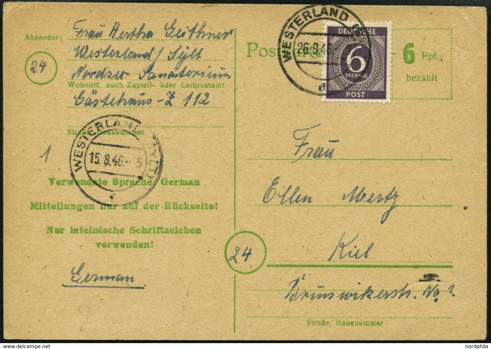 ALLIIERTE BES. 916c BRIEF, 1946, 6 Pf. Grauviolett Als Zusatzfrankatur Auf P 783 Von WESTERLAND Nach Kiel, Pracht - Autres & Non Classés