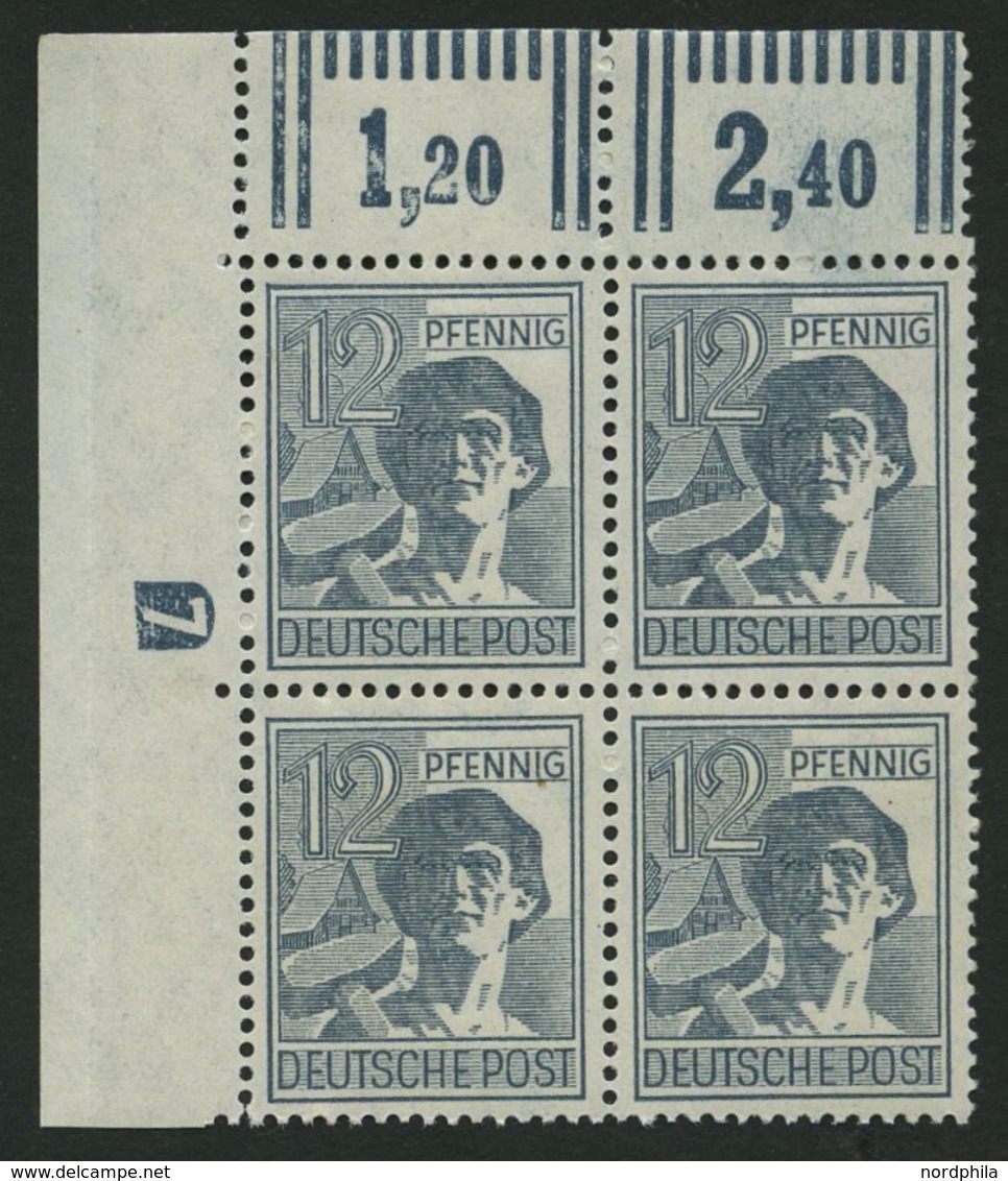 ALLIIERTE BES. 947DZ **, 1947, 12 Pf. Grau Mit Druckereizeichen 7 (negativ) Im Oberen Linken Eckrandviererblock, Pracht - Andere & Zonder Classificatie