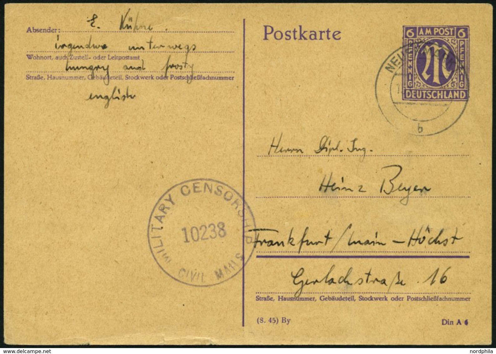 AMERIK. U. BRITISCHE ZONE - GANZSACHEN P 903II03 BRIEF, 1945, 6 Pf. AM-Post, Type II, 4 Geschlossen, Anstrich Der 6 Nach - Altri & Non Classificati