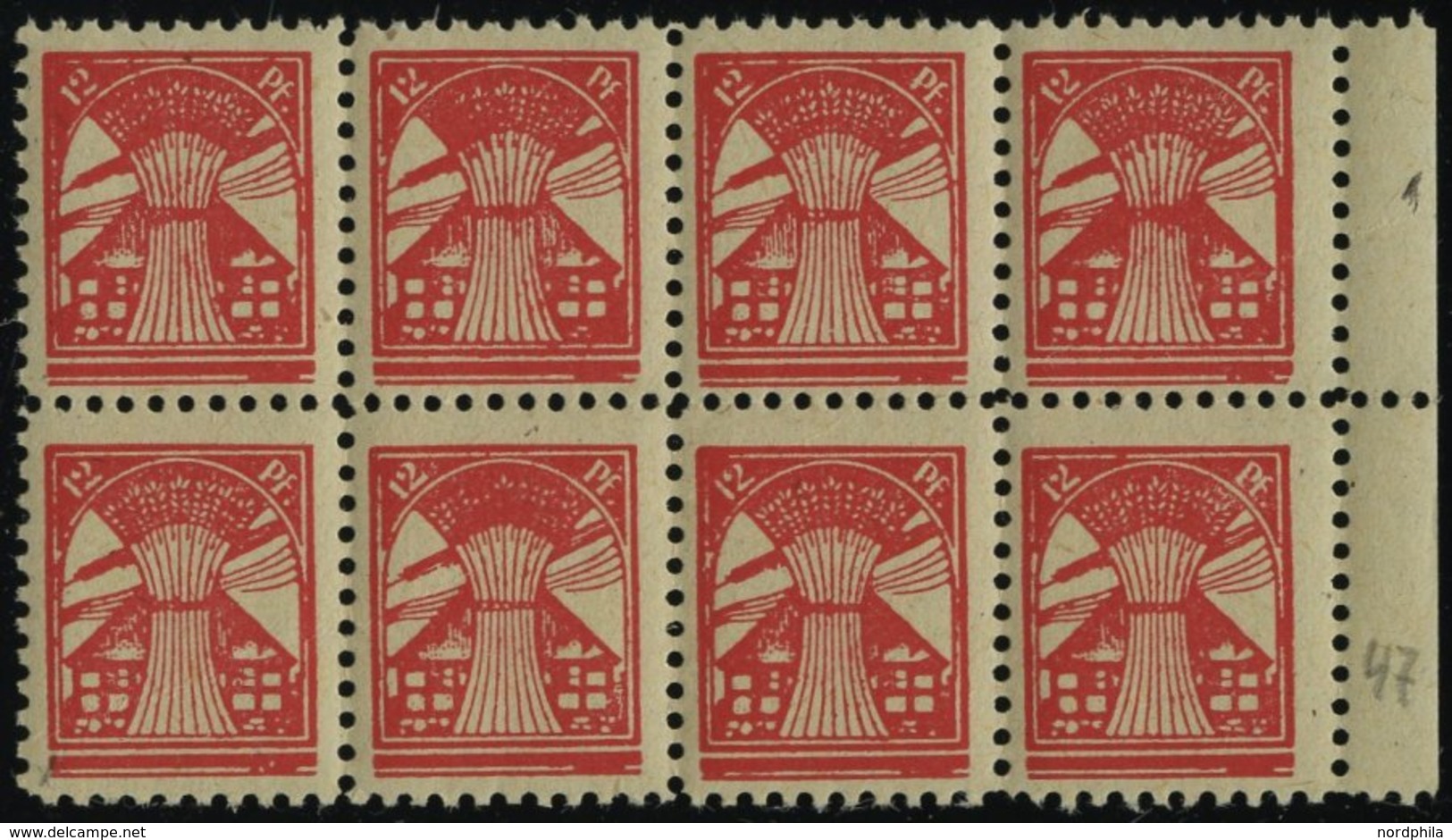 MECKLENBURG-VORPOMMERN 18bPFIV **, 1945, 12 Pf. Rosa Im Achterblock, Dabei Feld 47 Mit Plattenfehler, Leichter Diagonale - Autres & Non Classés