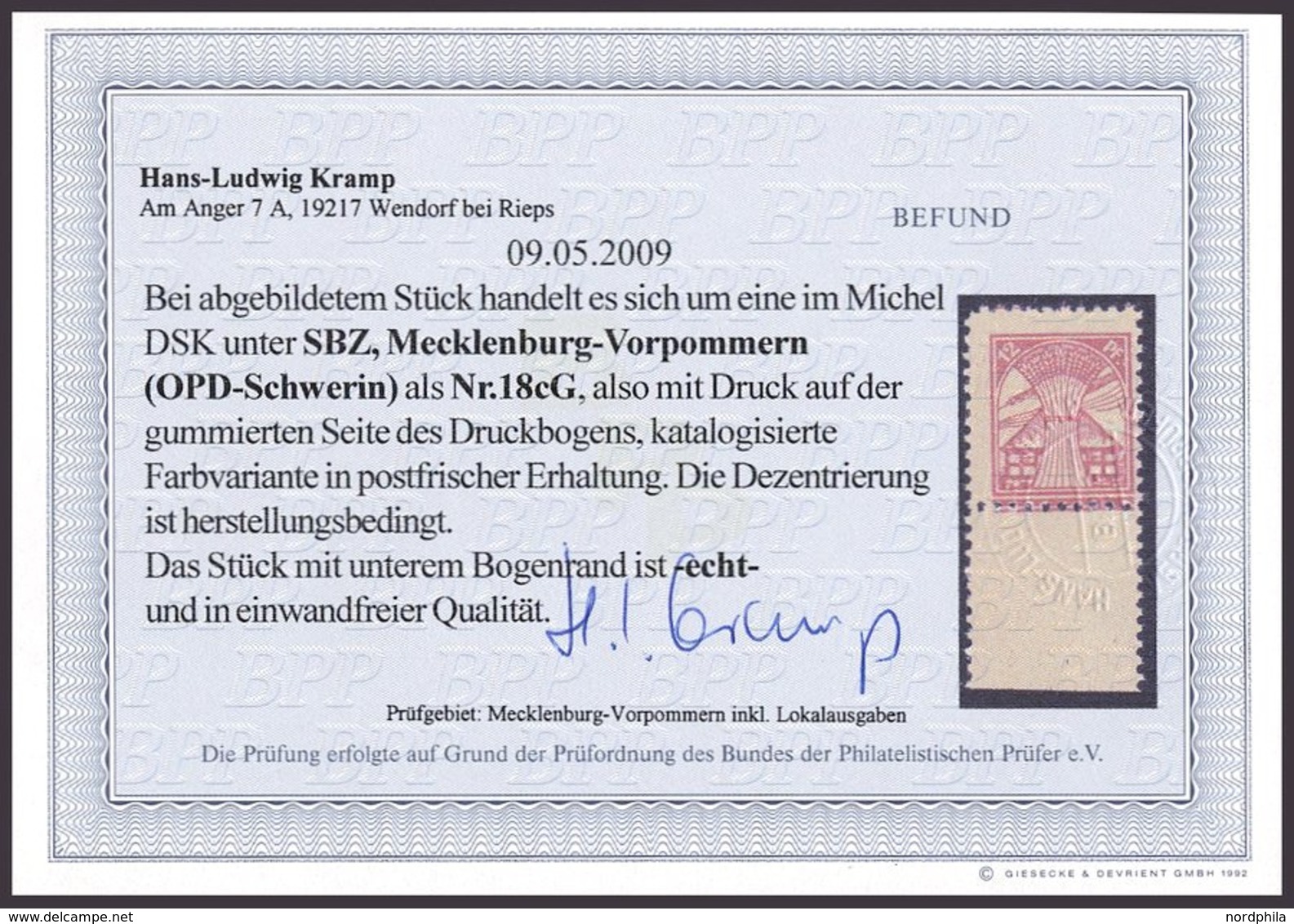 MECKLENBURG-VORPOMMERN 18cG **, 1945, 12 Pf. Rosarot, Druck Auf Gummiseite, Unterrandstück, Pracht, Fotobefund Kramp, Mi - Otros & Sin Clasificación