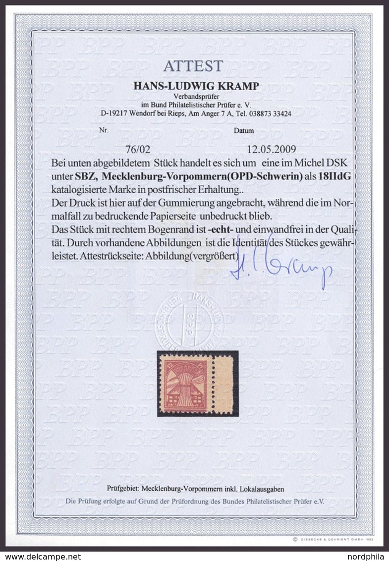 MECKLENBURG-VORPOMMERN 18dG **, 1945, 12 Pf. Bräunlichrot, Druck Auf Gummiseite, Rechtes Randstück, Pracht, Fotoattest K - Autres & Non Classés