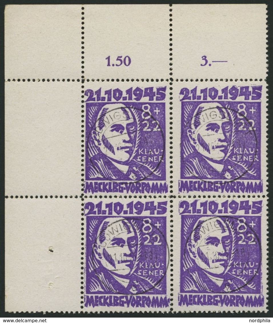 MECKLENBURG-VORPOMMERN 21 VB O, 1945, 8 Pf. Faschismus Im Oberen Linken Eckrandviererblock, Pracht, Gepr. Kramp, Mi. (32 - Altri & Non Classificati