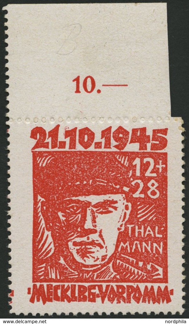 MECKLENBURG-VORPOMMERN 22b **, 1945, 12 Pf. Orangerot Faschismus, Oberrandstück, Zähnung Oben Nur Angedeutet, Pracht, Fo - Altri & Non Classificati