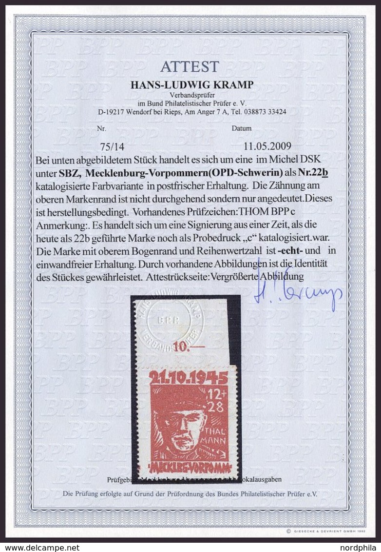 MECKLENBURG-VORPOMMERN 22b **, 1945, 12 Pf. Orangerot Faschismus, Oberrandstück, Zähnung Oben Nur Angedeutet, Pracht, Fo - Autres & Non Classés