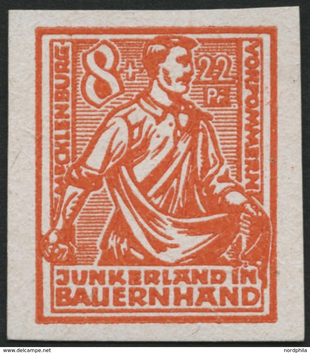 MECKLENBURG-VORPOMMERN 24PIU *, 1945, Probedruck: 8 Pf. Lebhaftorange, Gestrichenes Papier, Ungezähnt, Falzrest, Pracht - Altri & Non Classificati