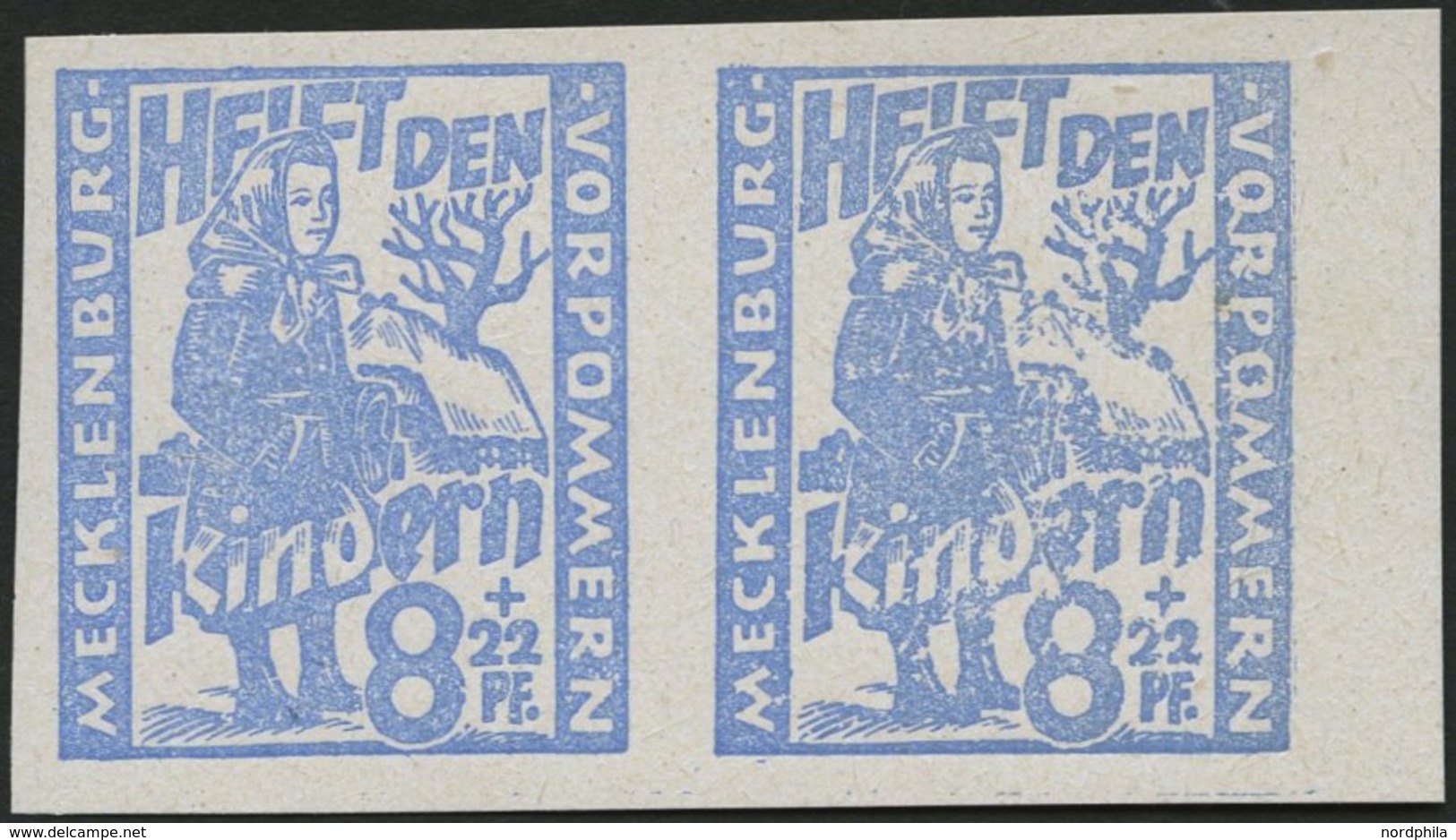 MECKLENBURG-VORPOMMERN 27aIU **, 1945, 8 Pf. Hellultramarin Kinderhilfe Mit Plattenfehler O Und R In Vorpommern Unten Mi - Otros & Sin Clasificación