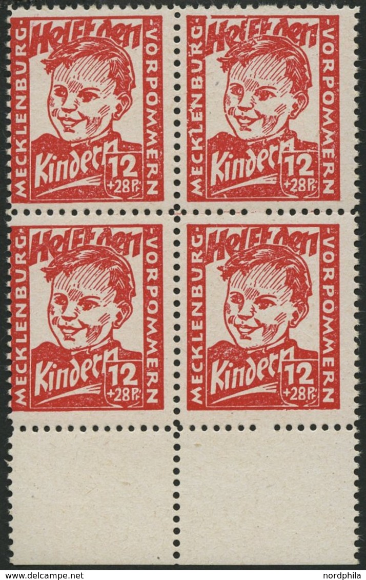 MECKLENBURG-VORPOMMERN 28b VB **, 1945, 12 Pf. Dunkelrosa Kinderhilfe Im Randviererblock, Pracht, Gepr. Kramp, Mi. 320.- - Autres & Non Classés