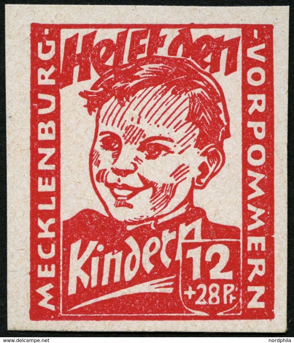 MECKLENBURG-VORPOMMERN 28bU **, 1945, 12 Pf. Dunkelrosa Kinderhilfe, Ungezähnt, Deutlicher Abklatsch, Pracht, Gepr. Kram - Autres & Non Classés