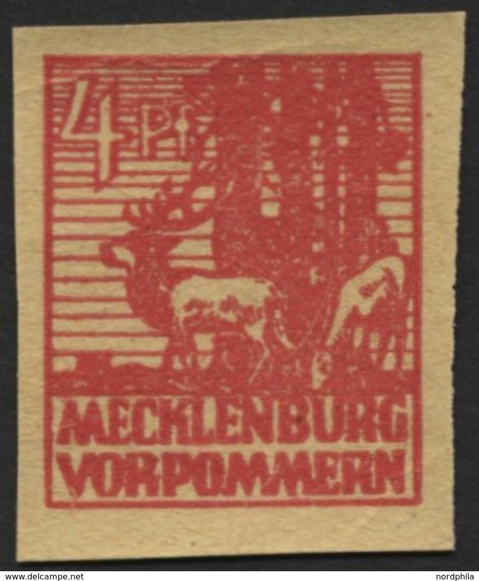 MECKLENBURG-VORPOMMERN 31yaG **, 1946, 4 Pf. Lebhaftbräunlichrot, Druck Auf Gummiseite, Herstellungsbedingte Papierknitt - Altri & Non Classificati