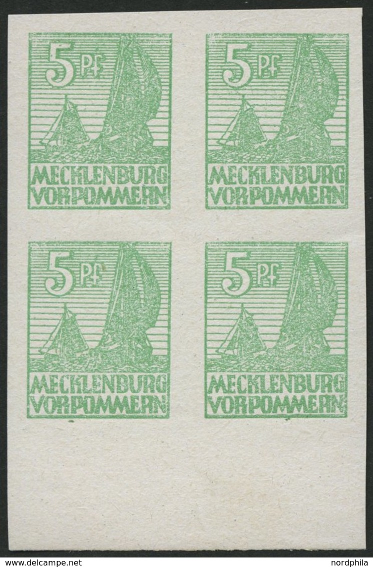 MECKLENBURG-VORPOMMERN 32xb VB **, 1946, 5 Pf. Mittelgrün, Kreidepapier, Im Viererblock Vom Unterrand, Pracht, Gepr. Kra - Andere & Zonder Classificatie