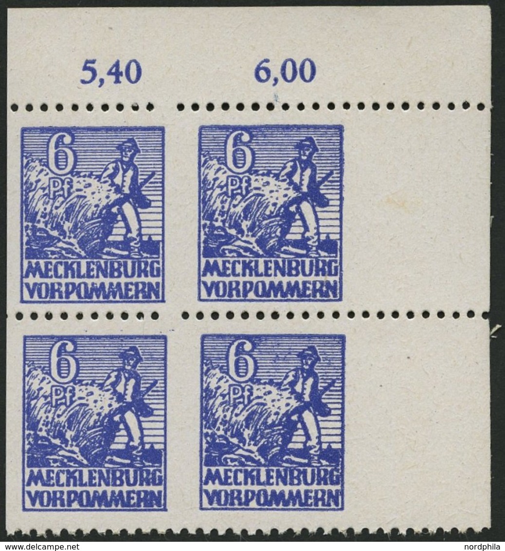 MECKLENBURG-VORPOMMERN 33xbUs VB **, 1946, 6 Pf. Violettblau, Kreidepapier, Senkrecht Ungezähnt, Im Eckrandviererblock,  - Altri & Non Classificati