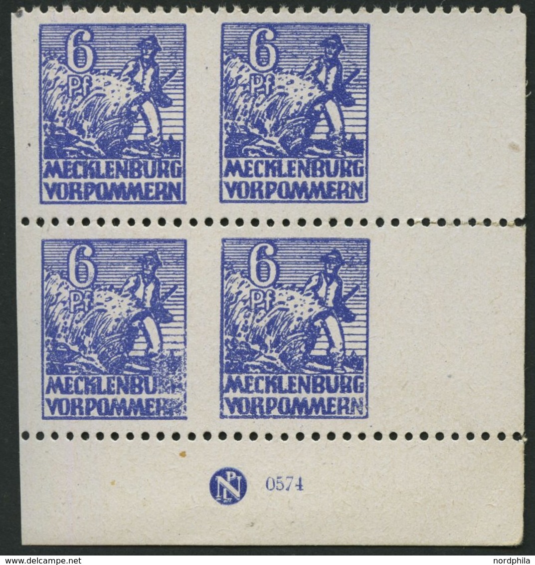 MECKLENBURG-VORPOMMERN 33xbUsDZ VB **, 1946, 6 Pf. Violettblau, Kreidepapier, Senkrecht Ungezähnt, Im Eckrandviererblock - Autres & Non Classés